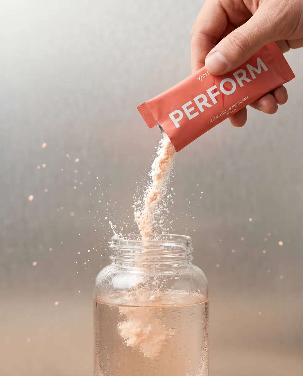 Vantage Perform peach creatine poured into a water bottle
